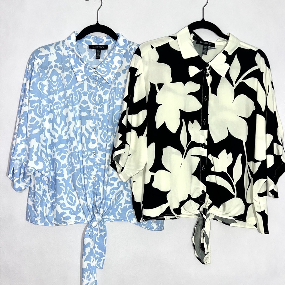 Bundle of 2 Ellen Tracy Dolman Sleeve Tie Front Hem Floral Black Blue Tops Sz XL